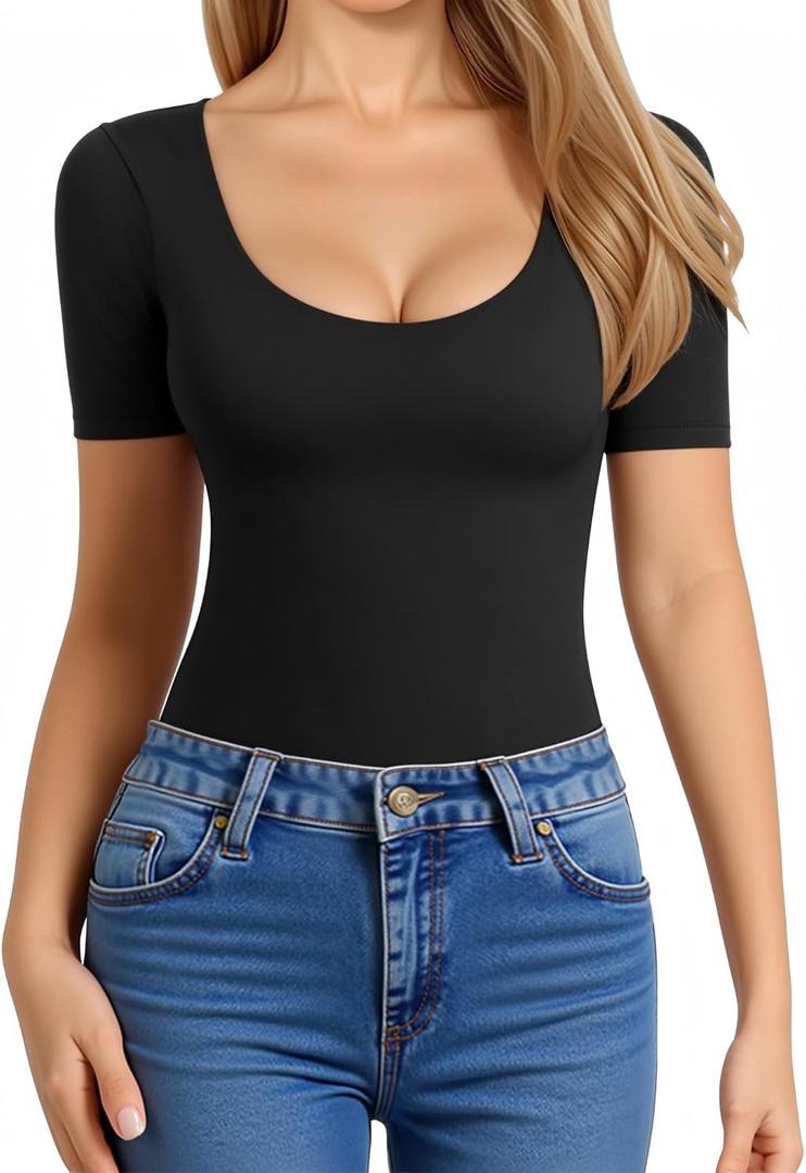 MANGOPOP Women's Scoop Neck Slim Fitted Short Sleeve Double Lined T Shirt Tight Basic Tops Y2K Tee, Black, Medium