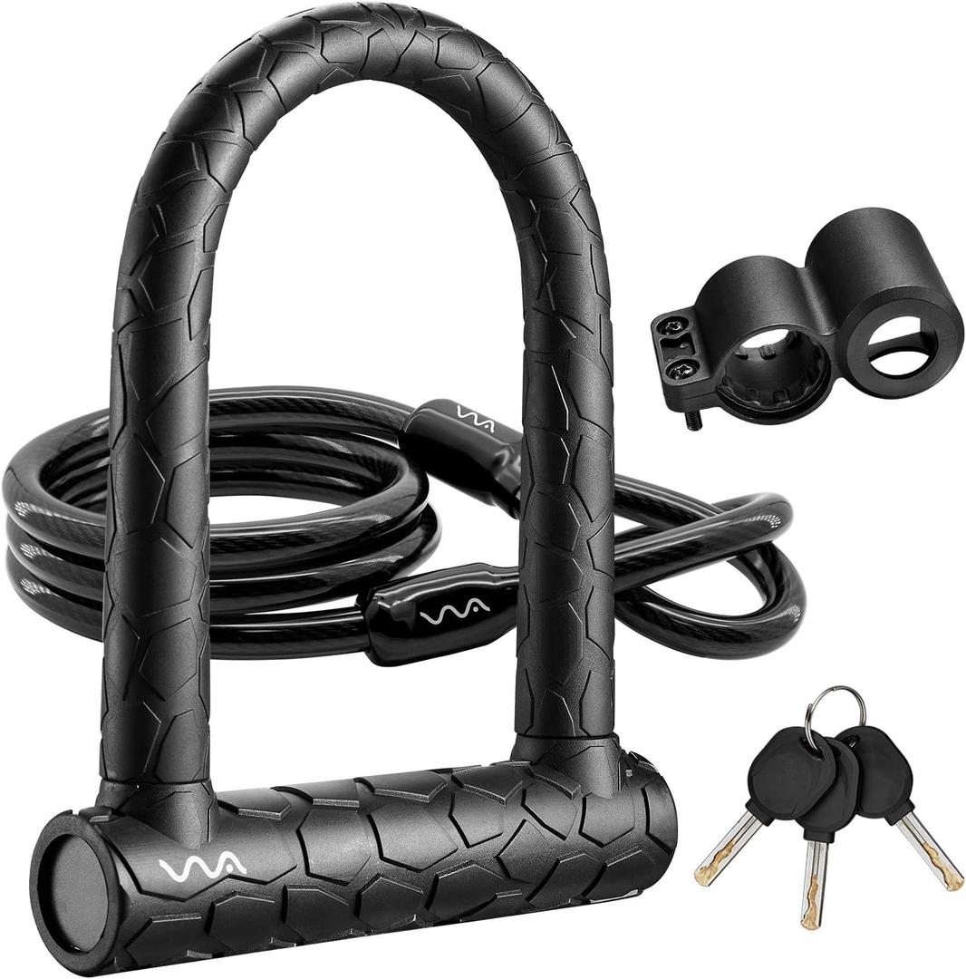 Bike U Lock,20mm Heavy Duty Combination Bicycle D Lock Shackle 4ft Length Security Cable with Sturdy Mounting Bracket and Key Anti Theft Bicycle Secure Locks (Short, Black)