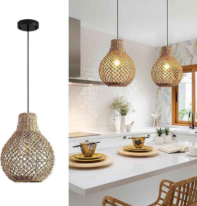 3-Light Rattan Pendant Light, 16.54 Inches,Hand-Woven Boho Pendant Light, Wicker Chandelier Light fixturer for Dining Room, Living Room, Bedroom, Kitchen, Farmhouse Chandelie