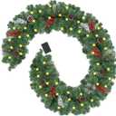 CCINEE 9 Ft Christmas Garland with LightsPrelit Christmas Decorations Battery Operated Artificial Garland with Christmas Pine Cone Red Berry Clusters for Indoor Outdoor Decor