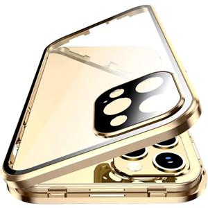HENGHUI Lockable Case Compatible with iPhone 14 Pro Max Magnetic Glass Case with Camera Lens Protector Screen Protector Safety Lock 360 Full Body Glass Clear Bumper Cover (Gold)