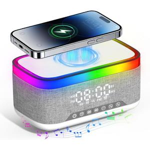 Bluetooth Speaker with Wireless Charging, Alarm Clock Radio for Bedrooms 6 in 1 Dimmable Digital Clock with FM Radio White Noise Charging Station RGB LED Night Light for iPhone Samsung
