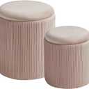 BLEXA Round Set of 2 Ottoman with Storage-Upholstered Velvet Vanity Stool for Makeup Multifunctional Ottomans Coffee Table Padded Seat Foot Rest for Living Room&Bedroom(Pink), Basic