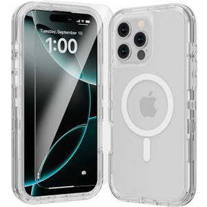 for iPhone 16 Pro Case, Fits Magsafe,Heavy Duty Shockproof Protection Phone Cases with Screen Protector*1, Magnetic Transparent Protective Cover for iPhone 16 Pro 6.3 '', Clear