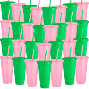 Honeydak 30 Pack Tumbler with Straw and Lid Bulk Cups for Gifts Water Bottle Iced Coffee Travel Mug Cup Reusable Plastic Tumblers for Party Birthdays 24-27 oz (Pink and Green Color)