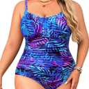 Aqua Eve Plus Size Swimsuit for Women Tummy Control One Piece Bathing Suit Vintage Swimwear (18W, Blue Leaves)