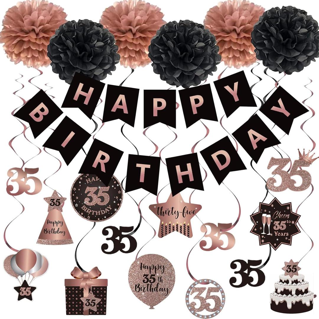 BRT Bearingshui Happy 35th Birthday Hanging Swirls Streamers Decoration, Happy Birthday Banner with Tissue Pompoms, Rose Gold and Black 35 Years Old Birthday Party Hanging Backdrop Decorations
