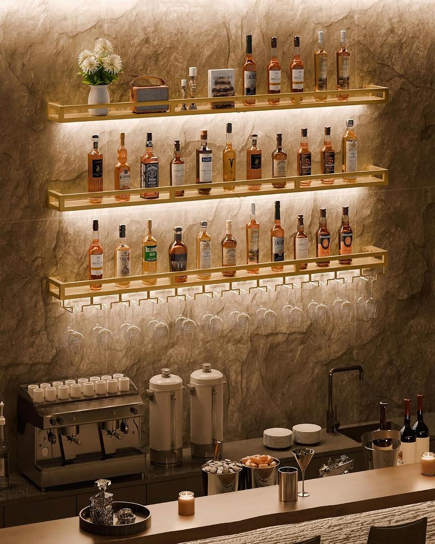 RGB LED Wall Mount Wine Rack, 48" 3-Tier Bar Shelf with Glass Holder, Gold