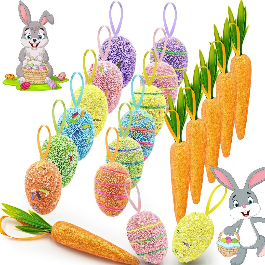 Easter Decorations for Home, 18PCS Easter Ornaments for Tree Colorful Foam Hanging Carrot Eggs Tree Ornaments for Party Outdoor Easter Decor DIY Crafts