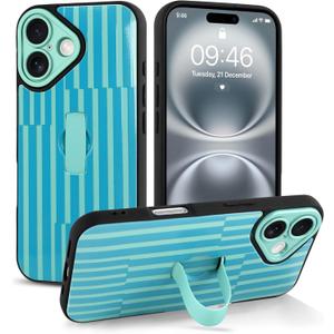 for iPhone 16 Case with Finger Hand Strap Kickstand, Trendy Cool Striped Phone Case for Women Men, Full Camera Protection Shockproof Protective Cover, Blue Stripes