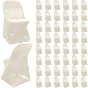 Newwiee Spandex Chair Covers Bulk - Stretch Folding Flat Front Fitted Universal Chair Protector Pack Removable Washable for Wedding Party Dining Banquet Event(Beige,50 Pcs)