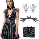 Poboola Christmas Night Jack Cosplay Costume Women Gothic Black Dress Stripe V-neck Bowtie Halloween Fancy Dress Outfit (Black, L)