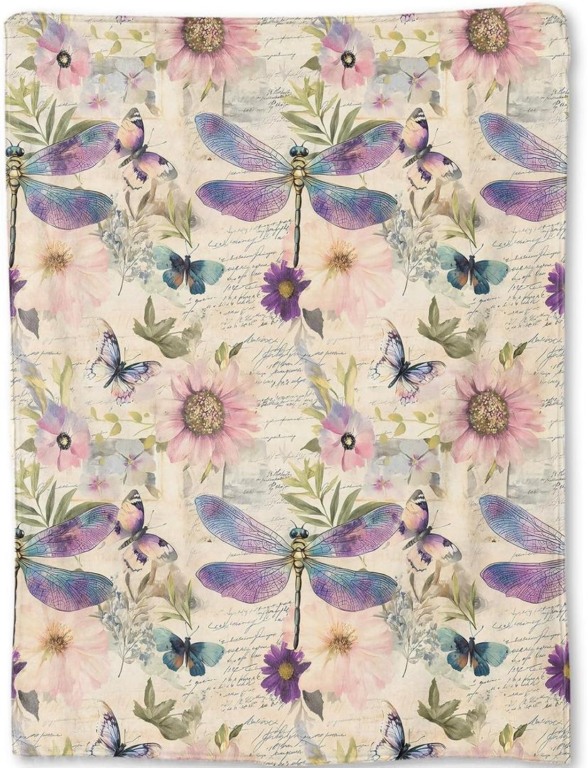 Dragonfly Blanket - Retro Butterfly Floral Pastel Fleece Throw,Gifts for Kids Women, Soft & Warm,Lightweight, for Modern Rustic Boho Decor, Nature Lovers, and Room Home Accents 50x60in