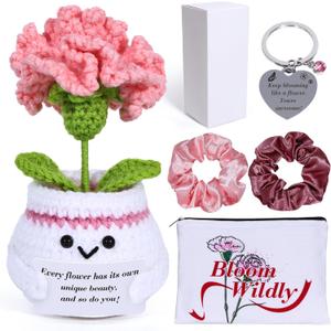 Crochet Carnations Cosmetic Bag Keychain Sets Gifts, Emotional Support Positive Flowers, Inspirational Keychain, Positive Birthday Thanks Gifts for Her Women Teacher Friends Family Nurse Yourself