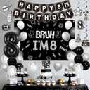 Bruh Im 8 Birthday Decorations Set Black and White Funny 8th Birthday Party Supplies for Boys | Includes Backdrop, Banner, Balloons, Cake and Cupcake Toppers, Hanging Swirls, Sash