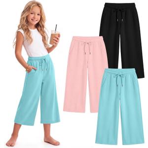 3 Pack Girls Capri Pants Kids Wide Leg Sweatpants Casual Elastic Waist Drawstring Summer with Pockets 5-16Y