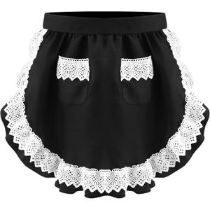 Geyoga Aprons for Women with Pockets Kitchen Cooking Waitress Maid Apron Vintage Skirt Cute Ruffle Dress Costume(Black,Lace Waist Style)