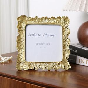 Cuspin 6x6 Picture Frame Gold Frames, Vintage Palm Leaves Textured Hand-Crafted Resin Frames with Glass Front, Retro Square Photo Frame for Wall Hanging and Tabletop Display Home Decor (Feather Petal Gold)