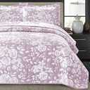 Soft Luxury Floral Queen Size Bedspread Set, 3 Piece Quilt with 2 Pillow Shams, Lavender Rose Pink Bedding, All Season and Reversible Bed Cover, for Traditional, Modern and Farmhouse Decor