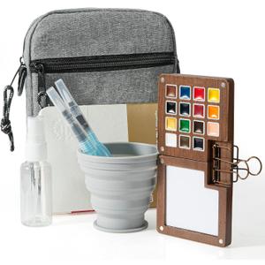 Mini Paint Palette Travel Kit - 15-Colors Pocket Artist Water Color Travel Set with Crossbody Bag, Watercolor Journal, Metal Clip, Paint Water Cup, Water Brush, Wooden Paint Box for Painters Artists
