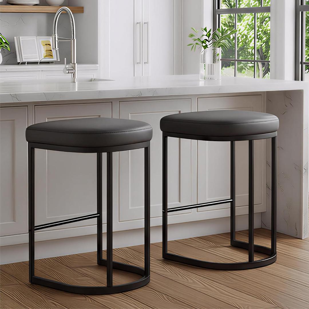 Bar Stools Set of 2, 26'' Counter Height Bar Stools with Faux Leather Upholstery, Modern Backless Barstools with Metal Frame for Kitchen Island, Black