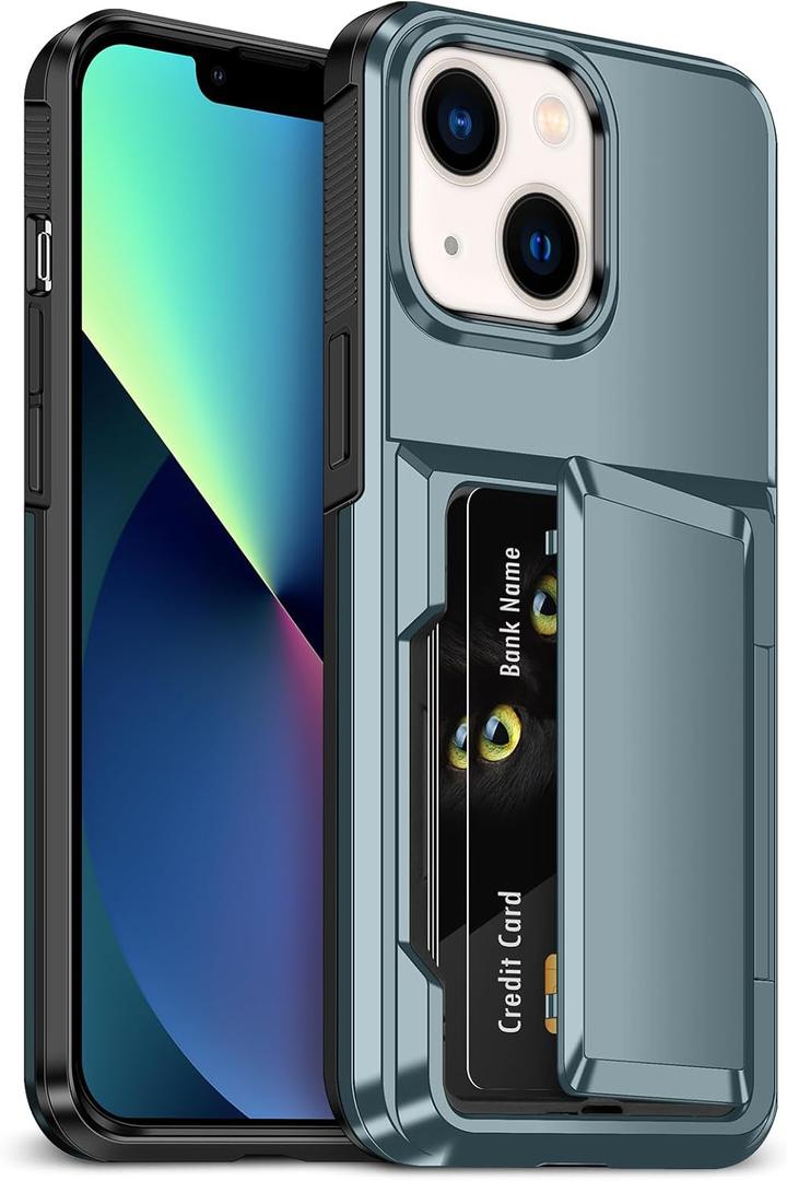for iPhone 13 Case with Card Holder [Max 5 Cards] Heavy Duty Protective Shockproof Case Dual Layer Hidden Sliding Card Slot Wallet Case for iPhone 13 Phone Case Women&Men 6.1'' (Blue)