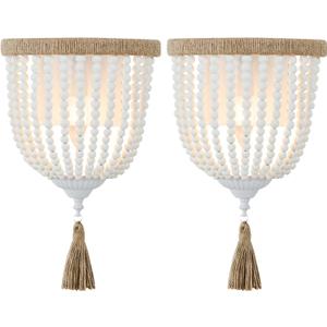 Boho Wood Beaded Wall Light, Hand-Woven Rope Farmhouse Bedside Wall Lamp, White Rustic Bohemia Wall Sconce Lighting Fixture for Bedroom,Hallway,Bathroom,Nursery,Entryway,Living Room,2 Pack