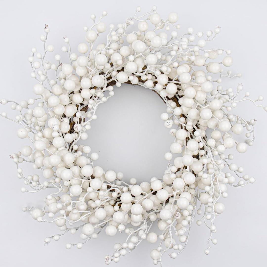 VioletEverGarden White Wreath 20 Inch Winter Wreaths for Front Door Artificial White Berry Wreath for Winter Christmas Hoilday Party Wall Window Decorations