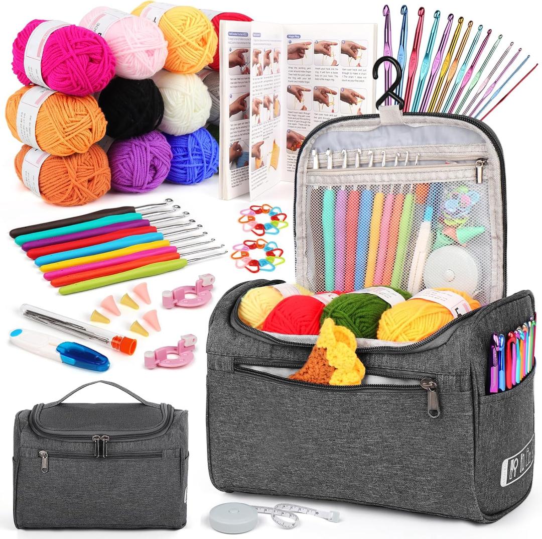 Aeelike Crochet Kit for Beginners Young and Old, First Crochet Kit for Adults Include 23pcs Crochet Hooks, 655 Yards Yarn Set for Crocheting, Instruction, Bag, Crochet Accessories and Supplies, Grey