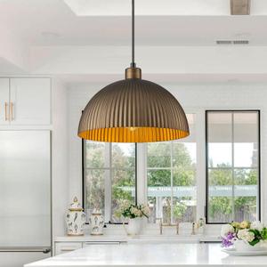 Vintage Antique Brass Dome Pendant Light, 12'' Pendant Lights Kitchen Island, Hanging Ceiling Light Striped Metal Shade