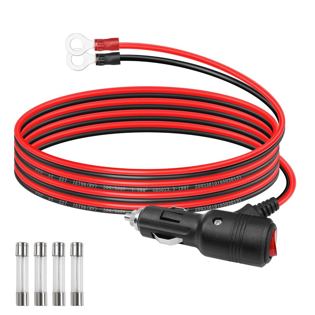 GELRHONR Car Cigarette Lighter Male Plug to O Ring Terminal with ON Off Switch Adapter Cable,12V-24V 16AWG Auto Cigarette Lighter Extension Cable Cord with 15A Fuse (2M/6.5Ft)