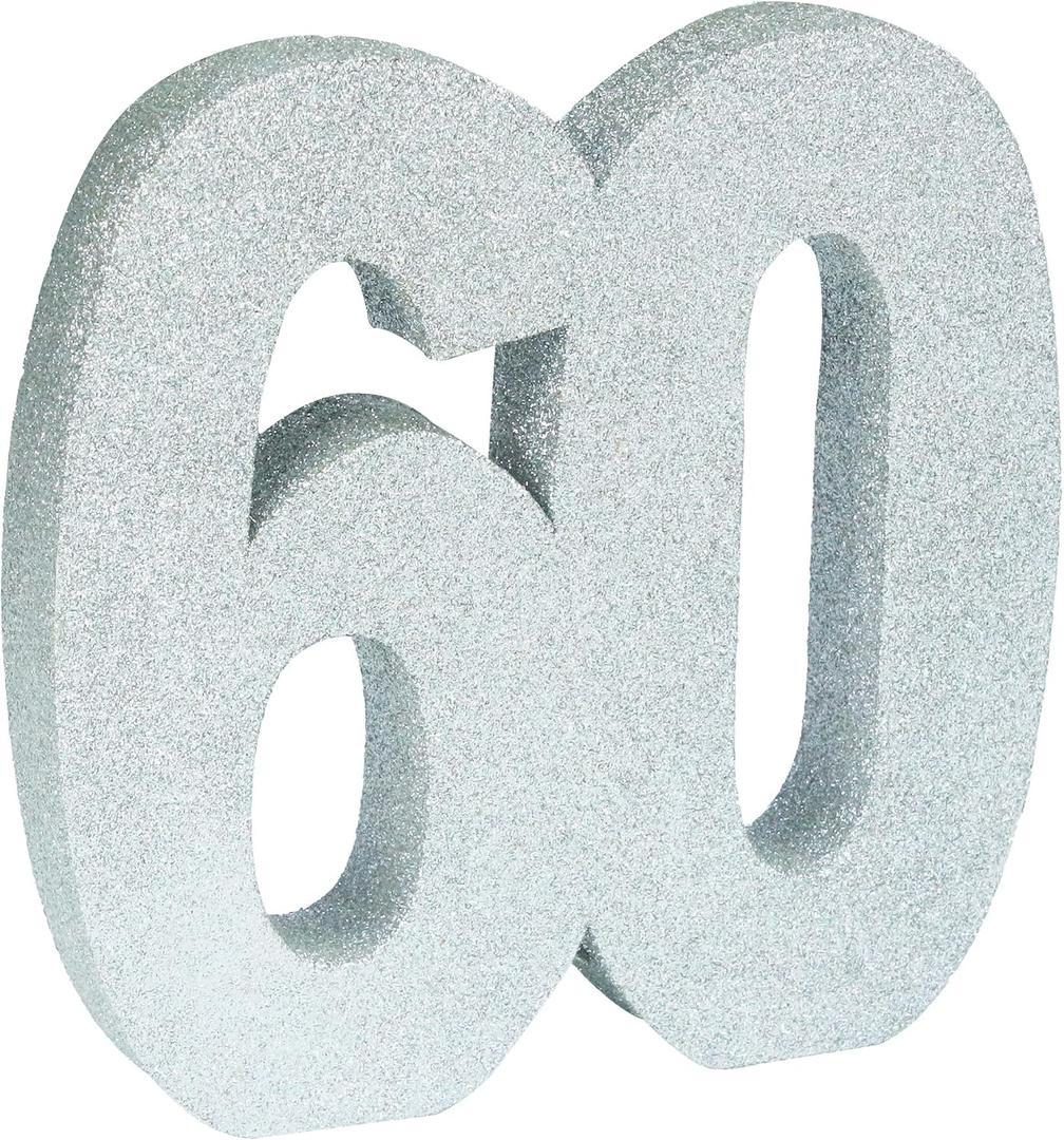3D Glitter Table Number “60” Table Centerpiece Decoration for Theme Birthday Party Supplies, 1 PC Silver