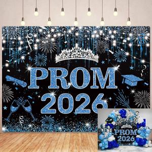Prom 2026 Backdrop Blue Silver Class of 2026 Graduation Prom Send Off Congrats Grad Photography Background School Celebration Party Decorations Banner Photo Booth Props (Blue Silver, 7x5FT)