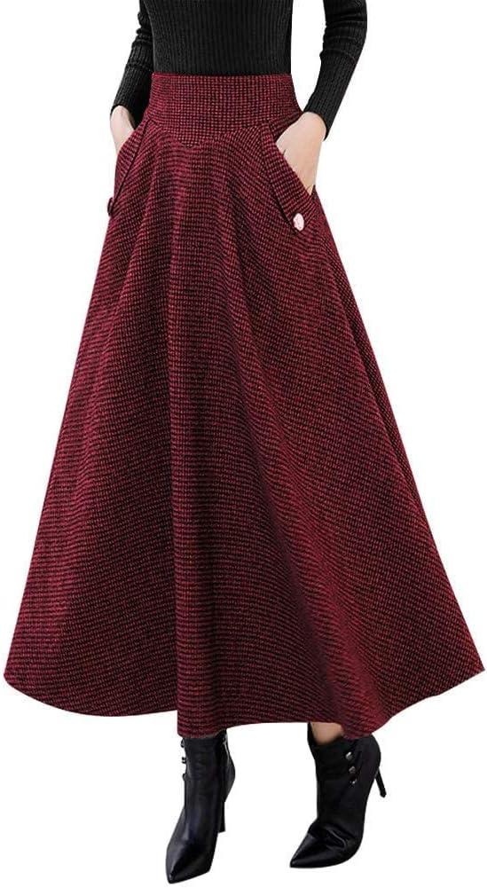 IDEALSANXUN Women’s Fall Winter High Waisted Wool Plaid A-line Long Skirt (Red, L)