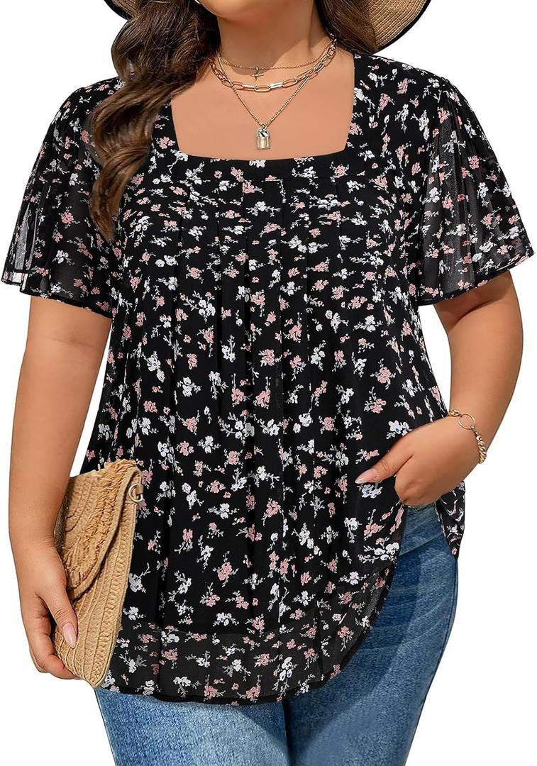 Amrto Plus Size Tops for Women Chiffon Blouses Square Neck Short Sleeve Fall Summer Business Casual Trendy (Black, XXL)