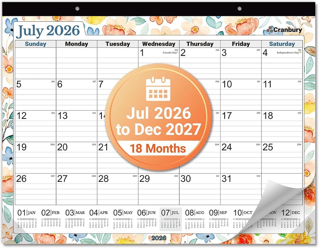 CRANBURY 22x17 Large Desk Academic Calendar 2026-2027, July 2026 to December 2027, 17 x 22 Monthly Deskpad Blotter with Floral Designs, Extra Large Hanging Wall Planner for Teacher, Home or Office