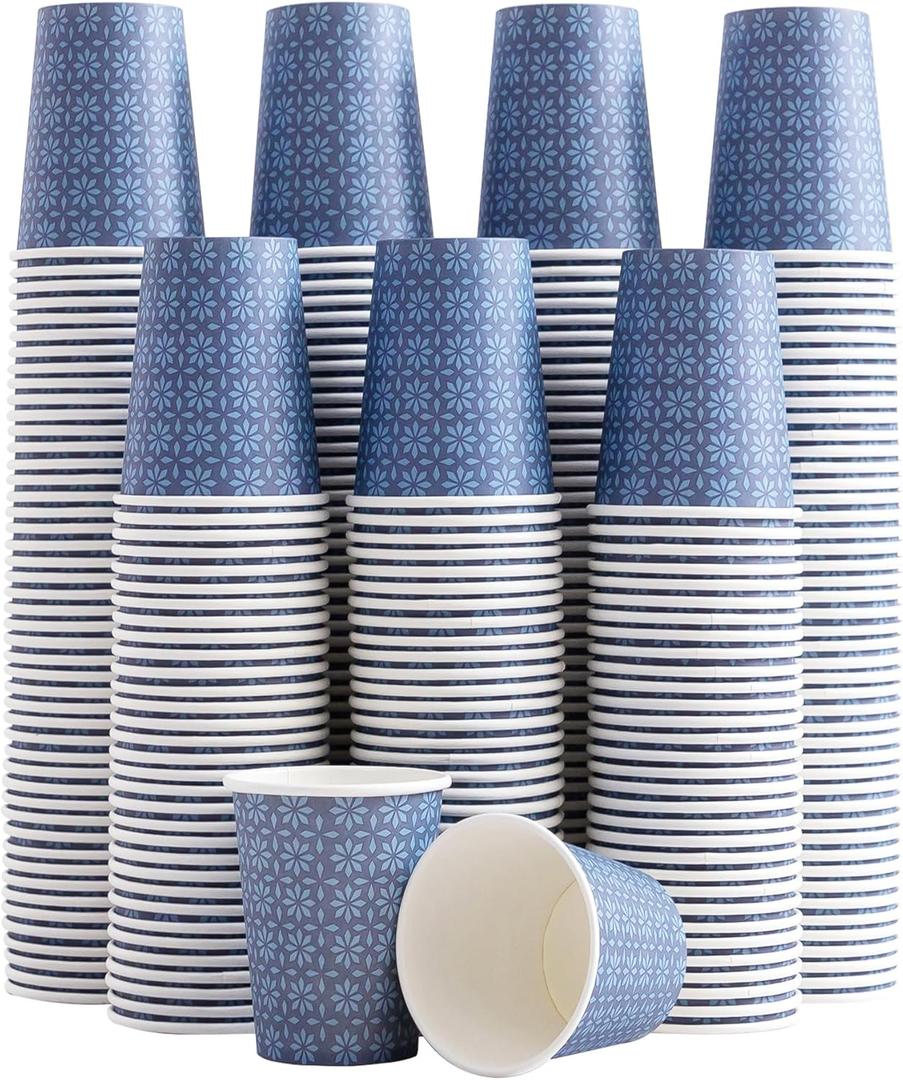 Clawsoff 300 Pack Paper Cups 8 oz, Disposable Hot/Cold Beverage Drinking Cups, 8 OZ Paper Coffee Cups, Navy Floral Coffee Cups for Party, Picnic, Travel, and Events