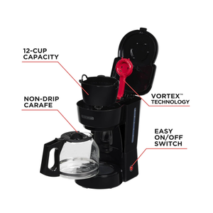 BLACK+DECKER 12-Cup Coffee Maker with Easy On/Off Switch, Easy Pour, Non-Drip Carafe with Removable Filter Basket, Vortex Technology, Black