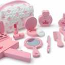 Wooden Makeup Toy Set Pretend Wood Beauty Realistic Toy Beauty Set for Toddler with Eyeshadow/ Mascara/ Perfume/ Blush/ Mirror/ Bag, Birthday Gifts for Girls Toys (Color 1)