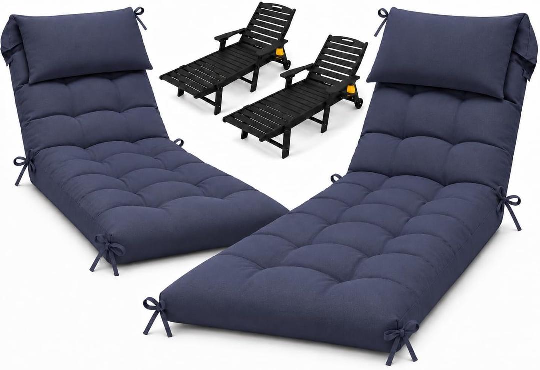 Waterproof Lounge Chair Cushion Set of 2, Outdoor Fade Resistant Chaise Lounger Replacement Cushions with 6 Ties, Thickened Memory Foam Pool Lounge Chair Cushions, 76 x 22 x 4.7 Inches, Blue, 2 Pack