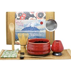 Annie & Mia Design Matcha Whisk Set (9pcs), Japanese Tea Matcha Set includes Ceramic Matcha Bowl, Bamboo Matcha Whisk (chasen), Ceramic Matcha Whisk holder, Bamboo Matcha Spoon (chashaku). Red color.