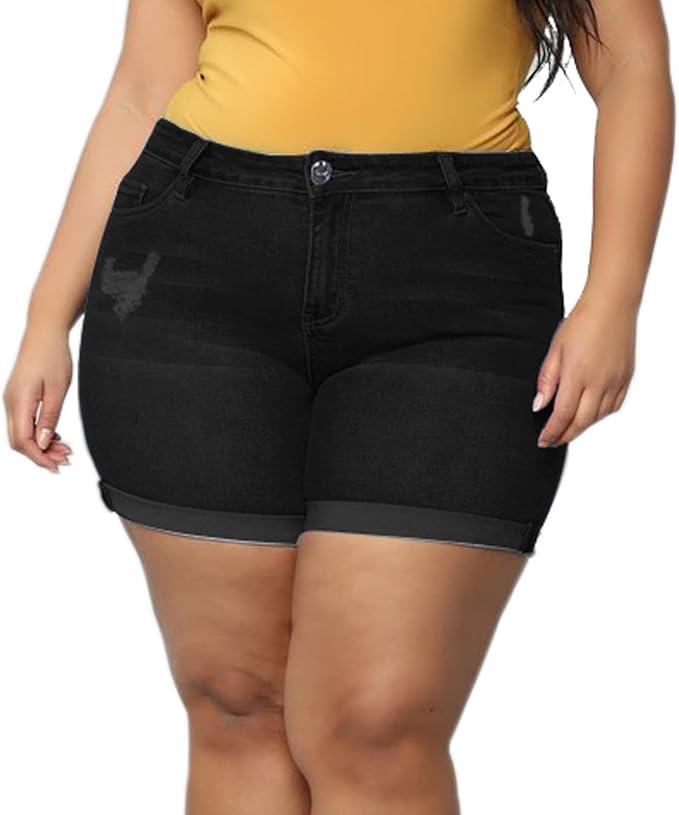 Sghenr Plus Size Women's Ripped Denim Jean Shorts High Waisted Stretchy Folded Hem Short Jeans(SolidBlack,18W)