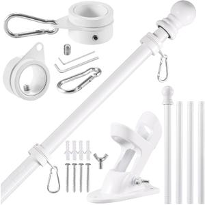 BONWIN White Flag Pole Kit for House, 5FT Thickened Stainless Steel Outside Wall Mount Flagpole for 3x5' Flag, 1" Tangle Free Rotating Flag Pole Rings & 2-Position Bracket Holder for Porch Residential