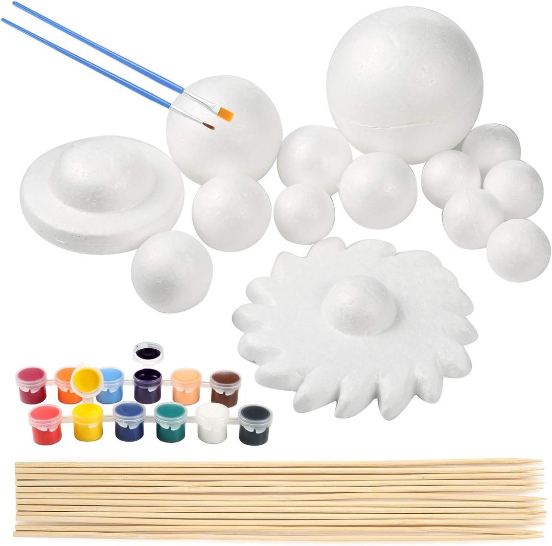 Pllieay Solar System Model Foam Ball Kit Includes 14PCS Mixed Sized Polystyrene Spheres Balls, 12PCS Bamboo Sticks, 12 Color Pigments, 2PCS Painting Brushes for School Science Projects (40 Pieces)