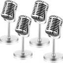 Zubebe 4 Pcs Retro Vintage Microphone Props Halloween Fake Microphone Plastic Pretend Mic for Podcast Event Rock and Roll Hip Hop Music Movie Theater Birthday Jazz Party Decor(Silver)