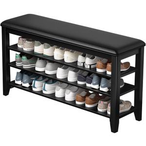 Shoe Rack Bench Entryway Storage with Leather Cushion, Shoe Organizer Bench for Entryway, Ideal for Front Doors Entrances Hallway Mudroom Featuring Rubberwood And 3 Height-Adjustable Removable Shelve, 39.4"