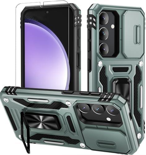 Pack of 3, WRJ for Samsung Galaxy S25/Galaxy S24 Case with Slide Camera Cover and Screen Protector, Military Grade Protection [Rotated Ring Kickstand] Heavy Duty Shockproof Protective Cover-Green