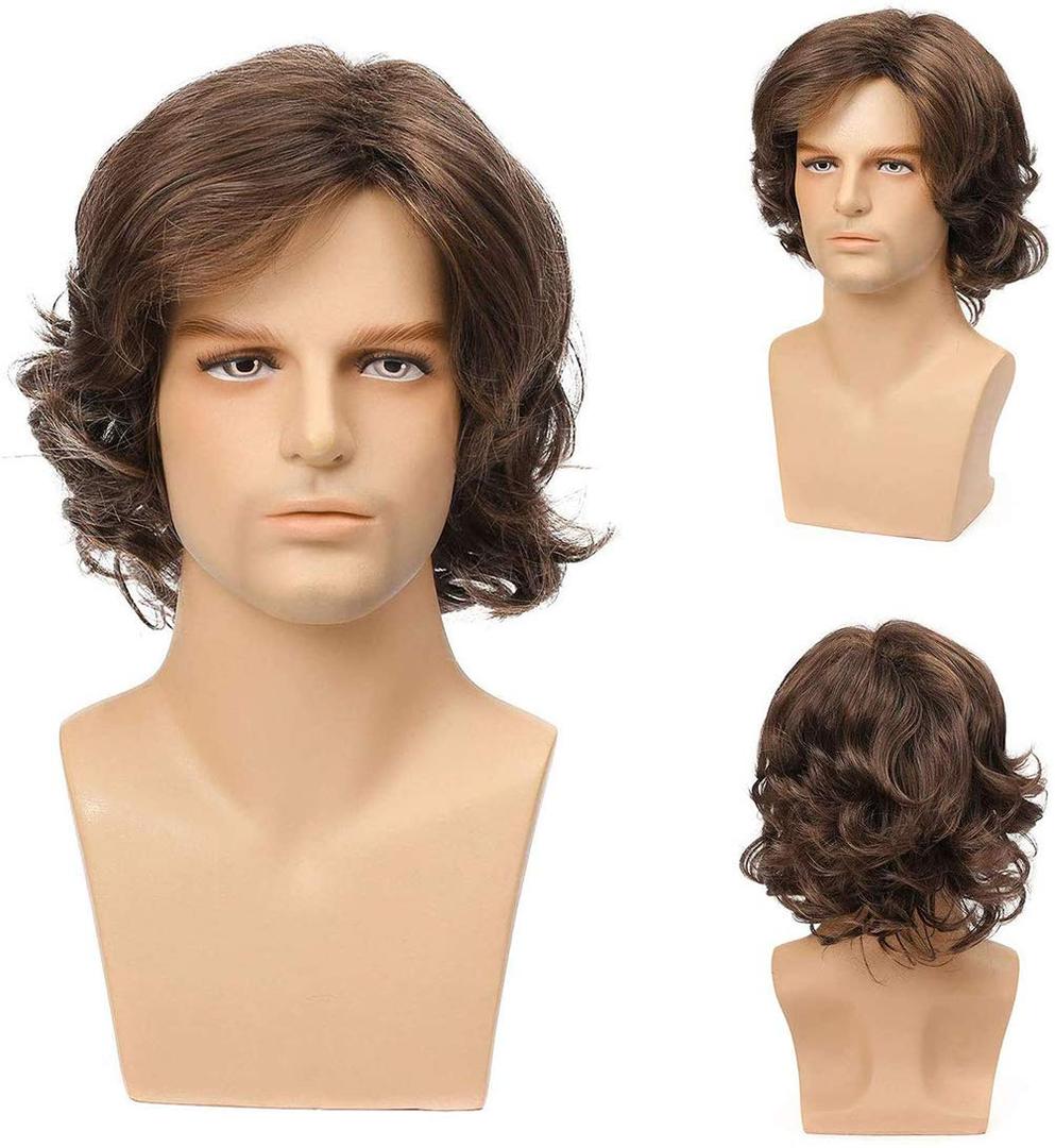 Mens Brown Wig Short Layered Curly Wavy Male Wig Synthetic Hair Wigs Heat Resistant Cosplay Halloween Party with Wig Cap