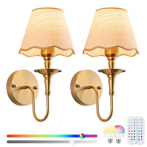 EIDISUNY Battery Operated Wall Sconces Set of 2, Rattan Shade Wireless Wall Sconces, RGB Rechargeable Dimmable, Brass-Color Vintage Wall Sconce for Bedroom, Living Room, Hallway Bulbs Included