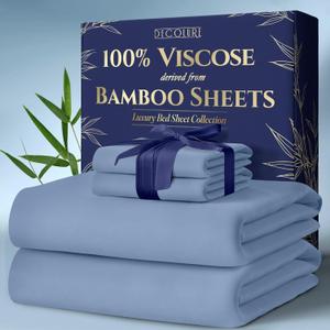 DECOLURE 100% Viscose Derived from Bamboo Sheets King Size 4pcs - Ultra Soft & Luxuriously Cooling, 17" Deep Pocket, Double Stitching, Perfect for Hot Sleepers - King Bed Sheets (Light Blue)